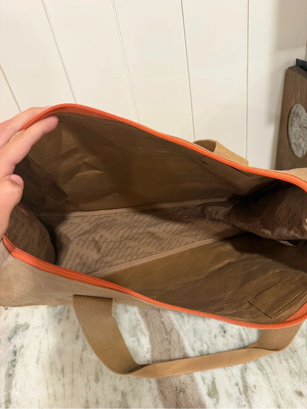 Pulp Fusion Tan Duffel Bag with Orange Zipper